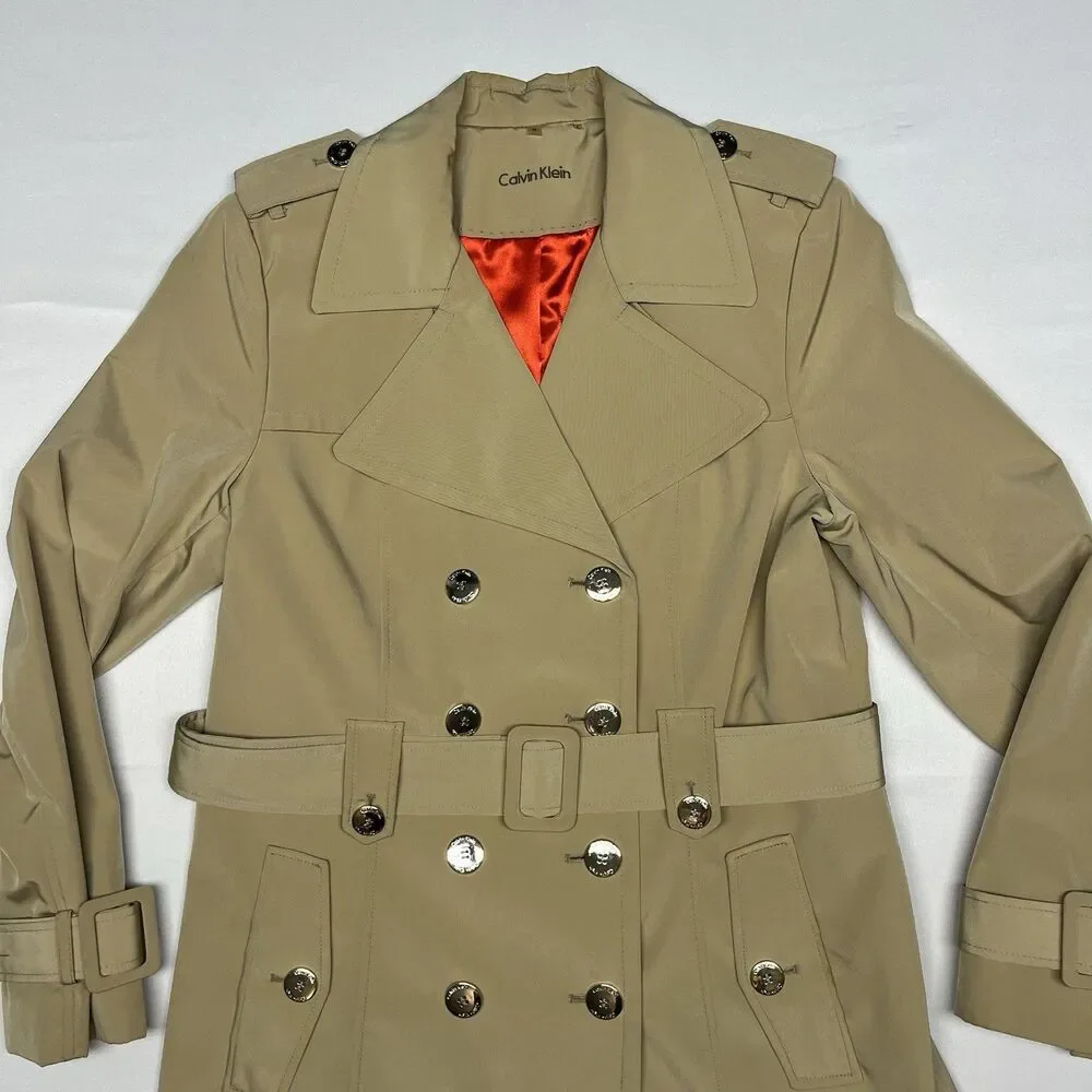 Calvin Klein Beige Double Breasted Belted Trench Coat Red - Picture 2 of 13